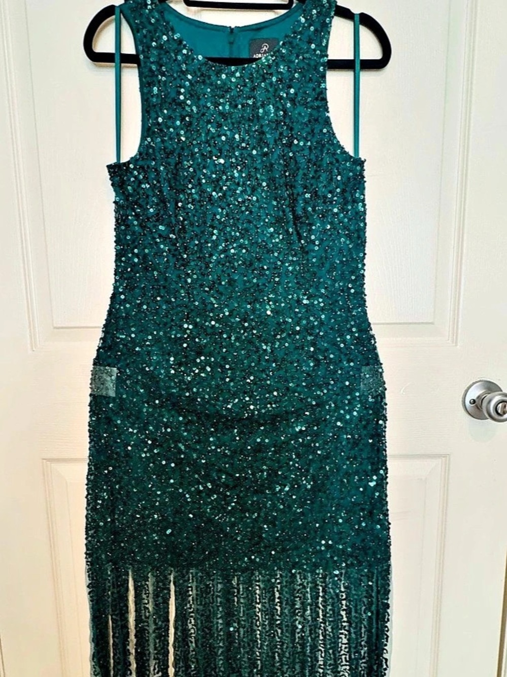 Adrianna Papell Sequin Fringe Midi Flapper Style Dress in Green NWT Size 10